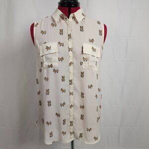 "Pleione" Collared Sleeveless Button up Blouse with Terrier Dogs